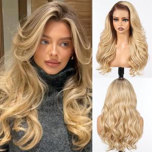 HAIRCUBE 13x6 HD Synthetic Lace Front Wig, 24 Inch Ombre Blonde Highlight Long Curly Layered Wigs, Natural Density Hairline Glueless Wigs for Women Daily Use