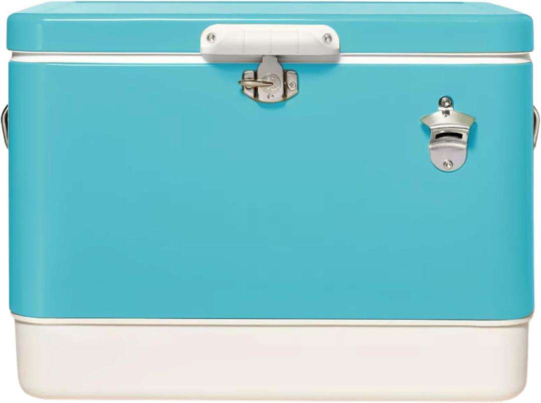 FSE Hard-Sided 54 Qt. / 80 Can Metal Cooler, Two-Tone Gray Camo and Black, Durable Outdoor Beverage Cooler with Latch Closure, Plastic Lining, Side Handles, Portable Tailgating and Camping Ice Chest (Pacific Blue)