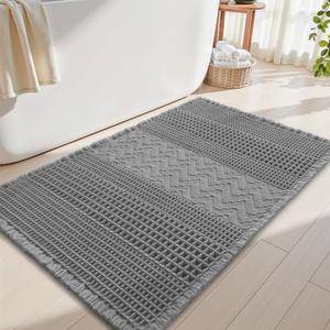 AMOAMI Waffle Bath-Mat, Super Absorbent Bath Mats for Bathroom, Boho Bathroom Rugs Non Slip Washable, Ultra Soft Bathroom-Mat with Tassels Bath Rugs for Floor Mat, 20" X 32" Grey