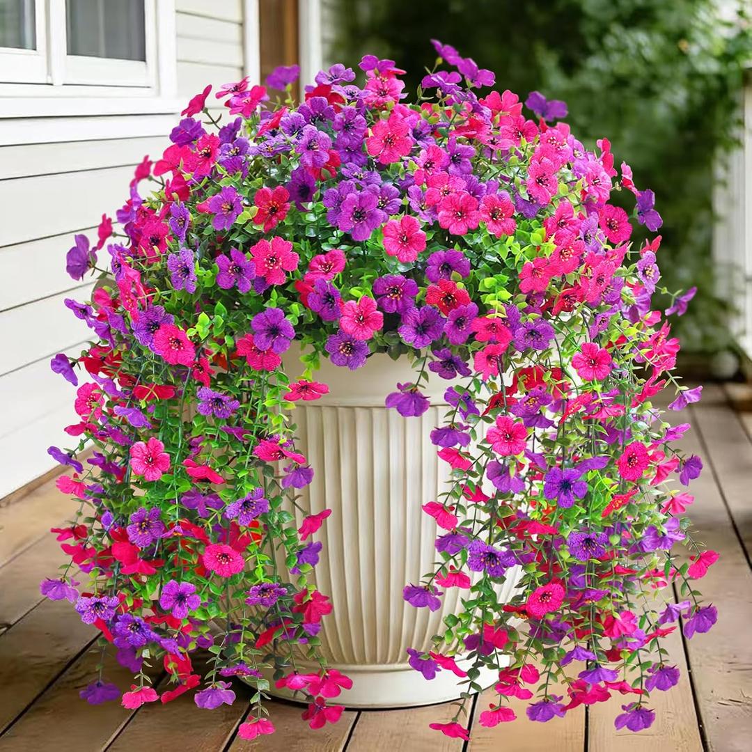 Artificial Fake Flowers for Outdoors,2PCS Faux Hanging Flowers for Spring Decor, UV Resistant Artificial Look Real Silk Flower for Outside Front Porch Garden Patio Home Decor (Purple Hot Pink)