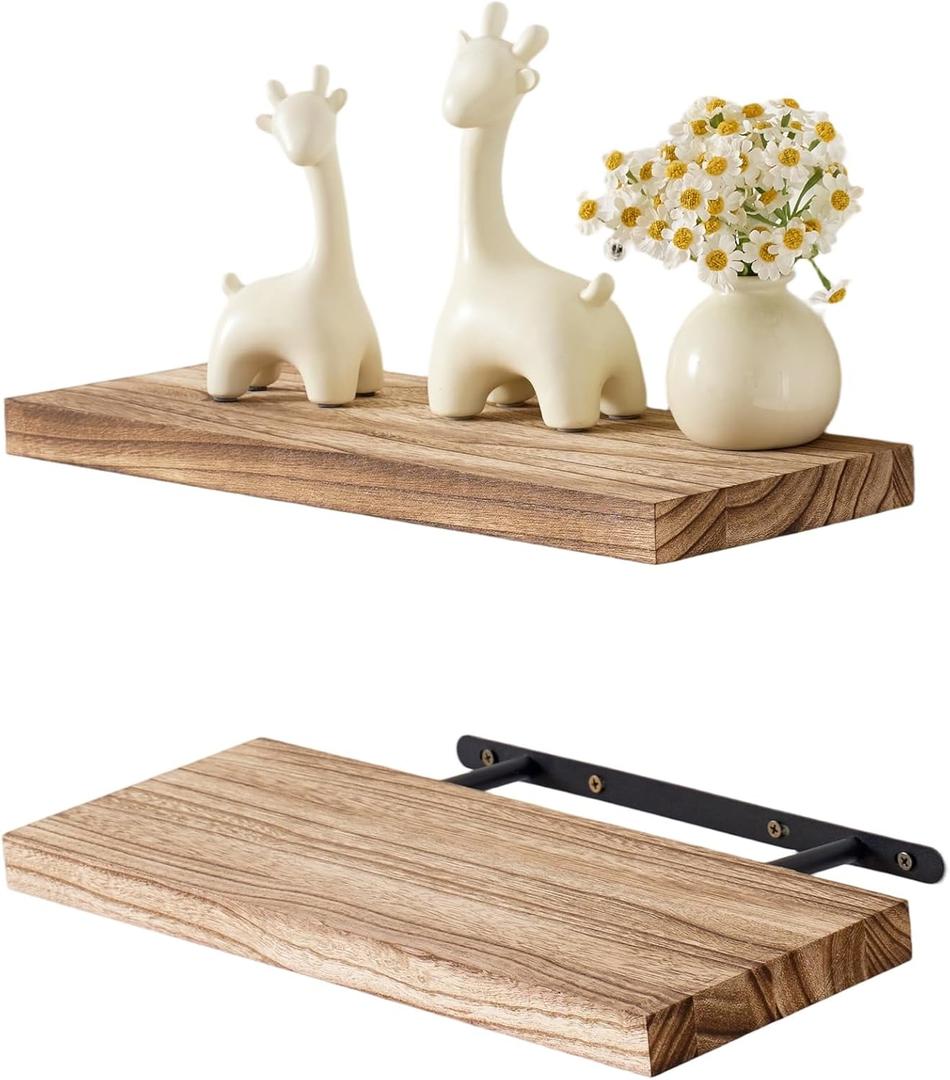 Floating Shelves for Wall Set of 2, Rustic Paulownia Wood Wall Mounted Shelves for Bedroom, Living Room, Kitchen Hanging Display Shelf, 16x6 Inches