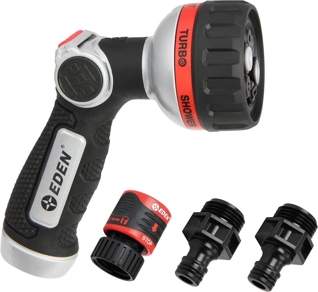 Eden 94814 Metal Thumb Control Heavy Duty Garden Hose Nozzle, Water Sprayer Nozzle with 6 Adjustable Watering Patterns, W/Quick Connect Starter Set for Plants, Lawn, Garden