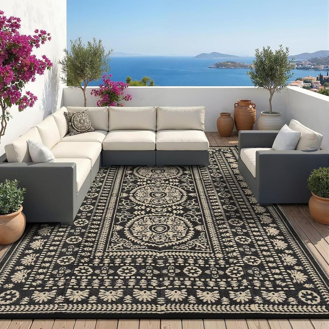 Garvee Reversible Outdoor Rug 6x9 for Patio, Waterproof Outdoor Area Rug, Modern Medallion Indoor Outdoor Rugs, Plastic Straw Rug for RV, Camping, Deck, Vintage Brown