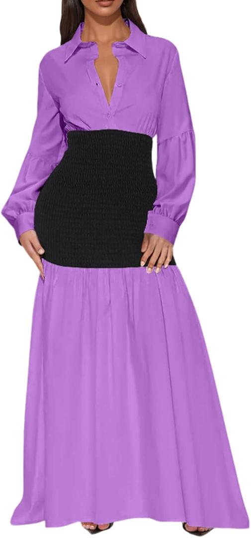 Ekaliy Women's Puff Long Sleeve Shirt Dress Elegant Button Down Loose Swing Party Maxi Dress (S)