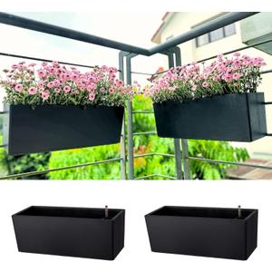 LaLaGreen Railing Planter Boxes (14 Inch, 2 Pack) Self-Watering Window Box Planters with Brackets, Rectangular Hanging Flower Pots for Balcony Deck Fence, Outdoor Herb Garden Plastic Planters Black