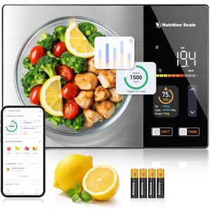 Smart Food Scale with Nutritional Calculator, Calorie Scale for Weight Loss, Free App for Scan, Nutrients Tracking, Food Preload, Color Display with 5 Units, Tare, Stainless Steel, 11lb, Black