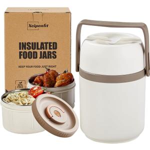 51 oz Adults Vacuum Insulated Wide Mouth Soup Food Thermos Hot Food Jar with Keep Thermal Portable 2 Tier Stackable Bento Hot Food Containers Lunch Boxes (White, 51)