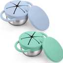 BUSOHA 2 Pack Stainless Steel Toddler Snack Cups - 9 OZ Spill-Proof Baby Snack Containers with Silicone Catcher and Lid Travel Snack Containers for Kids Food Grade Silicone Dishwasher Safe (Blue + Green)