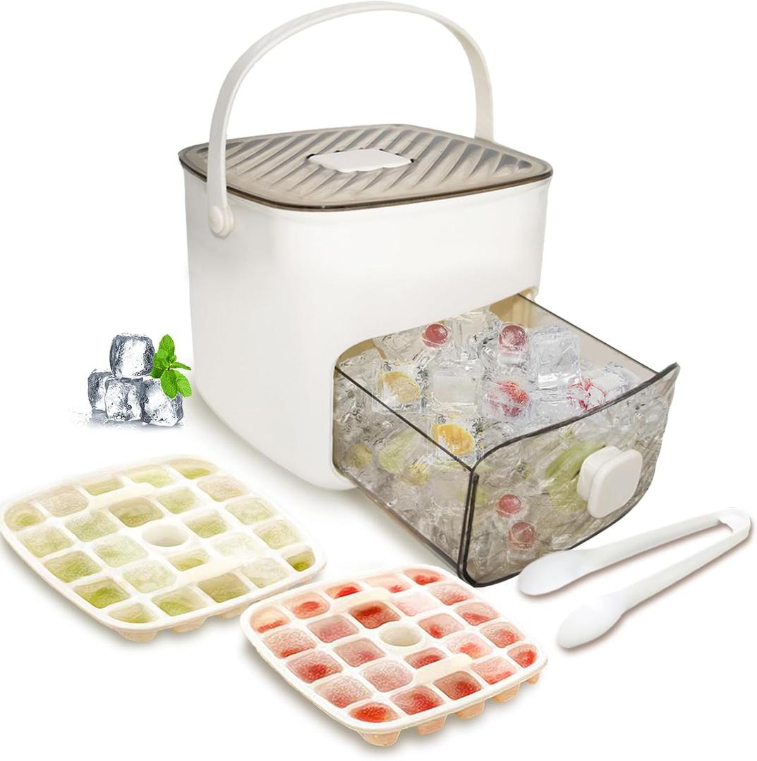 Ice Cube Tray for freezer with 2 Trays and Ice Storage Bin Tweezers, 48 Grid Ice Making Mold Ice Maker with Easy to Press Lid, for Whiskey Cocktails Beer Coffee (White)