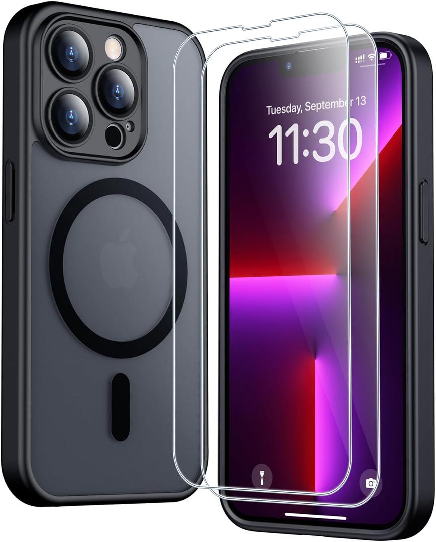 SPIDERCASE for iPhone 13 Pro Case, Magnetic Translucent Matte Case with 2PCS Tempered Glass Screen Protector Slim Phone Case for iPhone 13 Pro 6.1'', Black