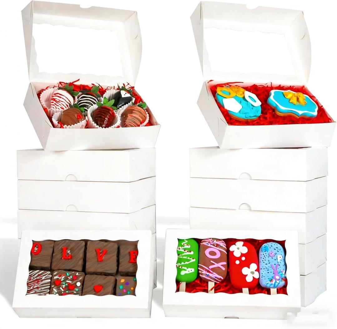 20PCS 8x5x2 Inch Cookies Boxes Bakery Boxes with Window for Chocolate Covered Strawberries Cakesickle,Chocolate Truffle,Pretzel &More (White)