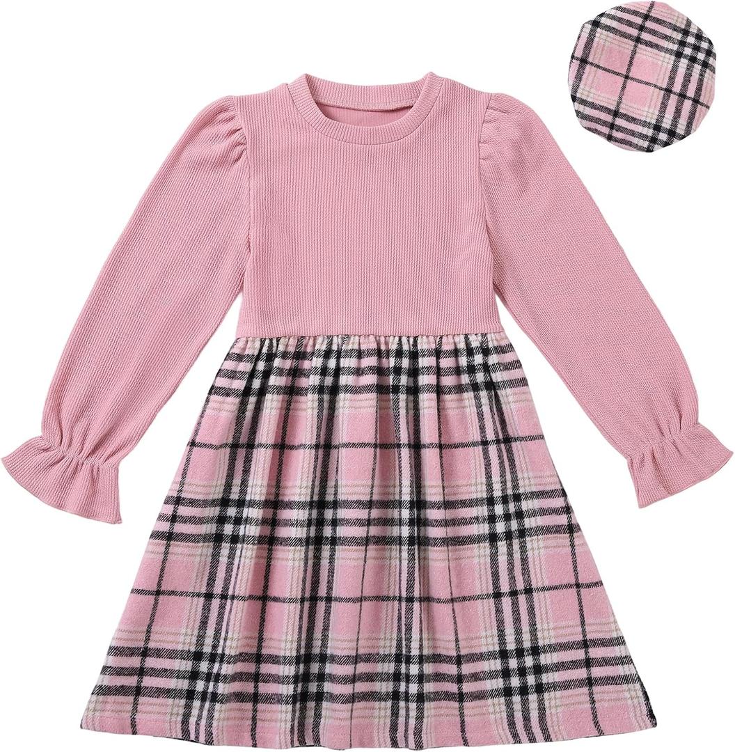Girls Fall Winter Dress Plaid Ribbed Ruffle Long Sleeve Dress with Beret Hat 2Pcs Girls Casual Party Dresses for 6-12 Years (Pink)