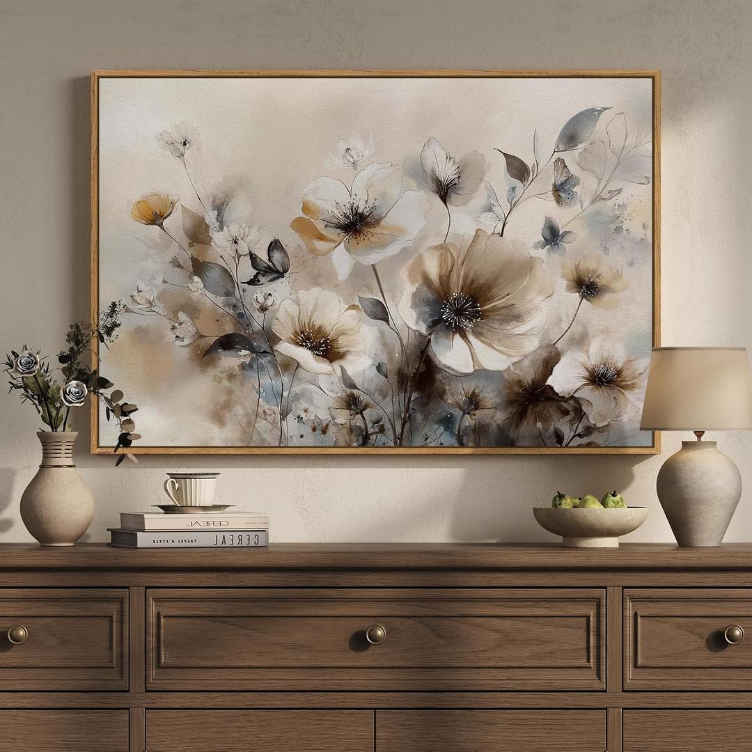 Framed Vintage Floral Wall Art, Neutral Beige Botanical Flower Canvas Artwork for Modern Farmhouse Walls, Rustic Watercolor Wildflower Painting Prints for Living Room Bedroom Kitchen Dining Room, 24x36
