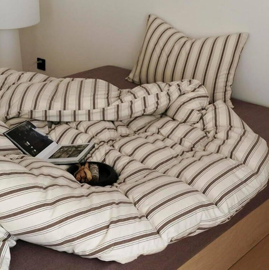 Sedefen Stripe Duvet Cover Queen Size Brown Striped Bedding Set 3 Pcs with 2 Pillowcases, Tan Vintage Stripes Reversible Soft Breathable Microfiber Duvet Cover Set for All Season