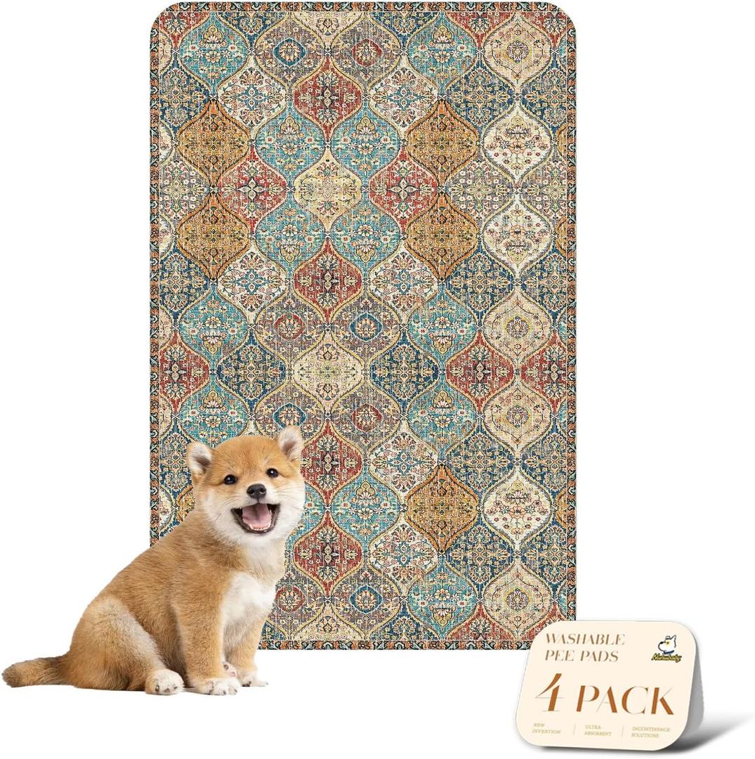 nunubaby 4PACK Washable Pee Pads for Dogs, Stylish, Non-Slip and Leak-Proof Pee Pads. Reusable Potty Pads for Dogs for Crates and Floors.(Cream/Multi, 24" x36" )