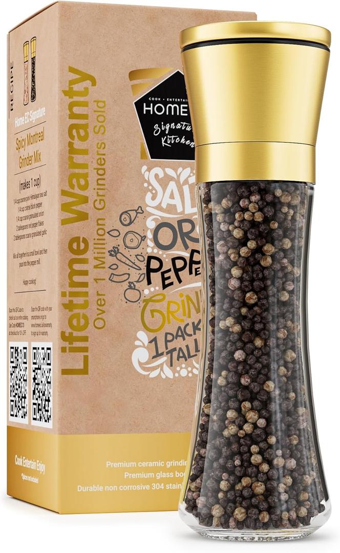 HOME EC Original Stainless Steel Salt or Pepper Grinder 1pk - Adjustable Ceramic Sea Salt Grinder or Pepper Mill - Tall Glass Spice Shaker - Spice Mill w/Ebook (Gold)