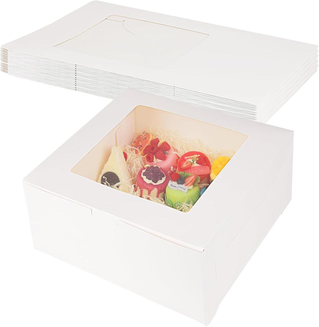 WAYASDCU 12 Piece Cardboard White Cake Boxex | 14 x 14 x 6 Inch | Large Bakery Boxes | Disposable Cake Containers | with Window | White Boxes