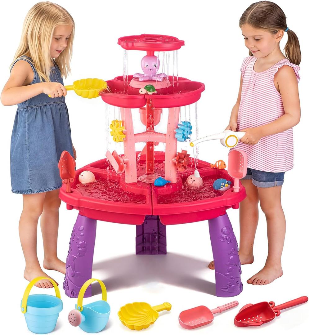 VROGTIK Water Table for Toddlers with Fishing Game Set 3-Tier Kids Sand Water Table Sensory Outdoor Toys for Kids Ages 4-8 Summer Beach Outside Backyard Toys for Girls& Boys Age 3 4 5 6 7 8 9
