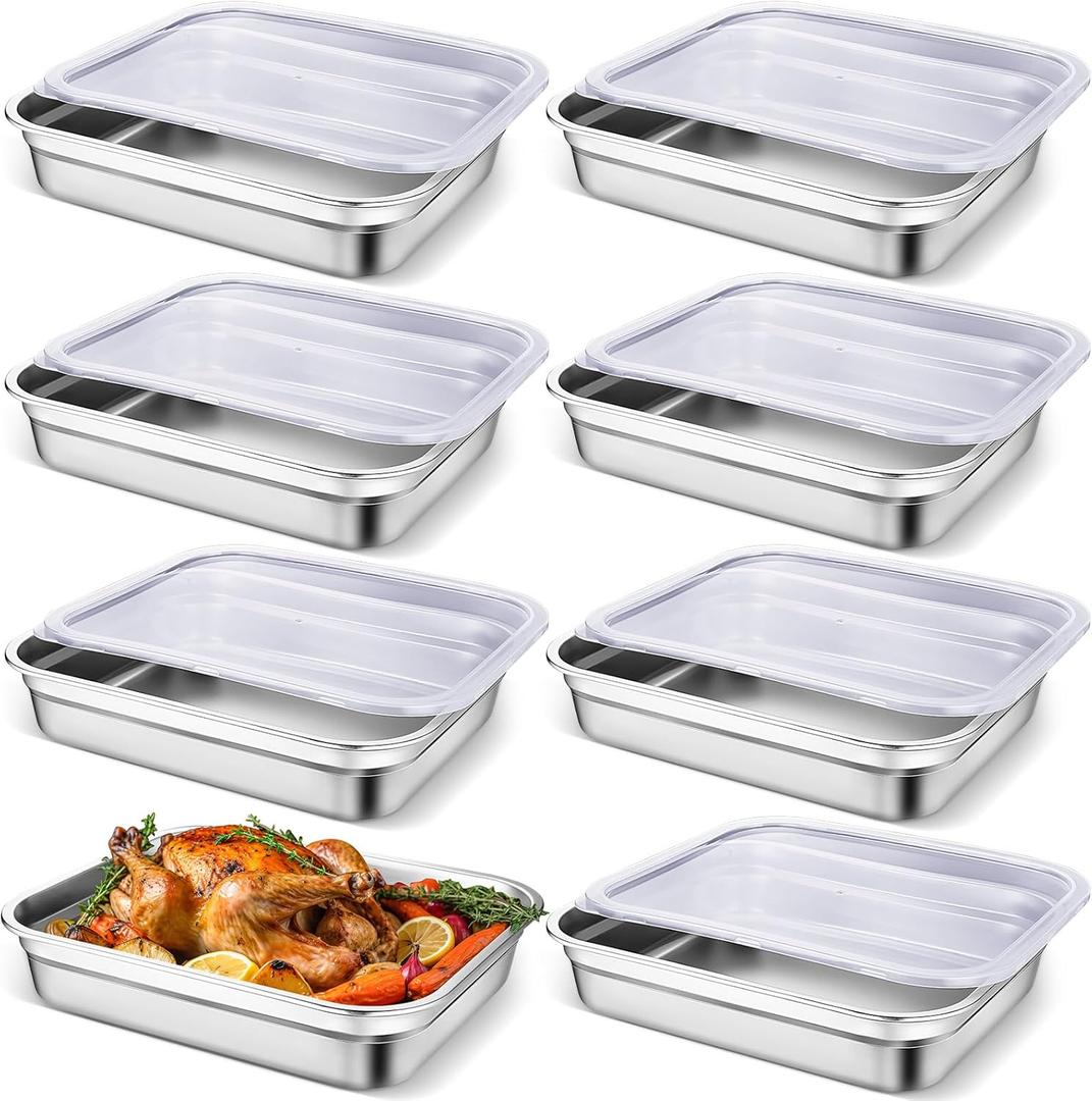 Suttmin 8 Pcs 304 Stainless Steel Food Storage Containers with Lids Hotel Pans Chicken Food Grade Pans Metal Meal Containers for Restaurant Stackable Kitchen Freezer Buffet (2.6 Inch Deep)
