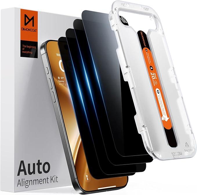 DIMONCOAT 4PACK Privacy Screen Protector Compatible with iPhone 15 Pro Max [Auto Alignment Kit] [10X Military Protection] iPhone 15 Pro Max 6.7 inch Tempered Glass Film [Case Friendly]