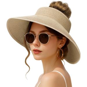 Sun Hats for Women Beach Hats Wide Brim Straw Sun Visors Ponytail Hat Summer Packable Foldable Travel