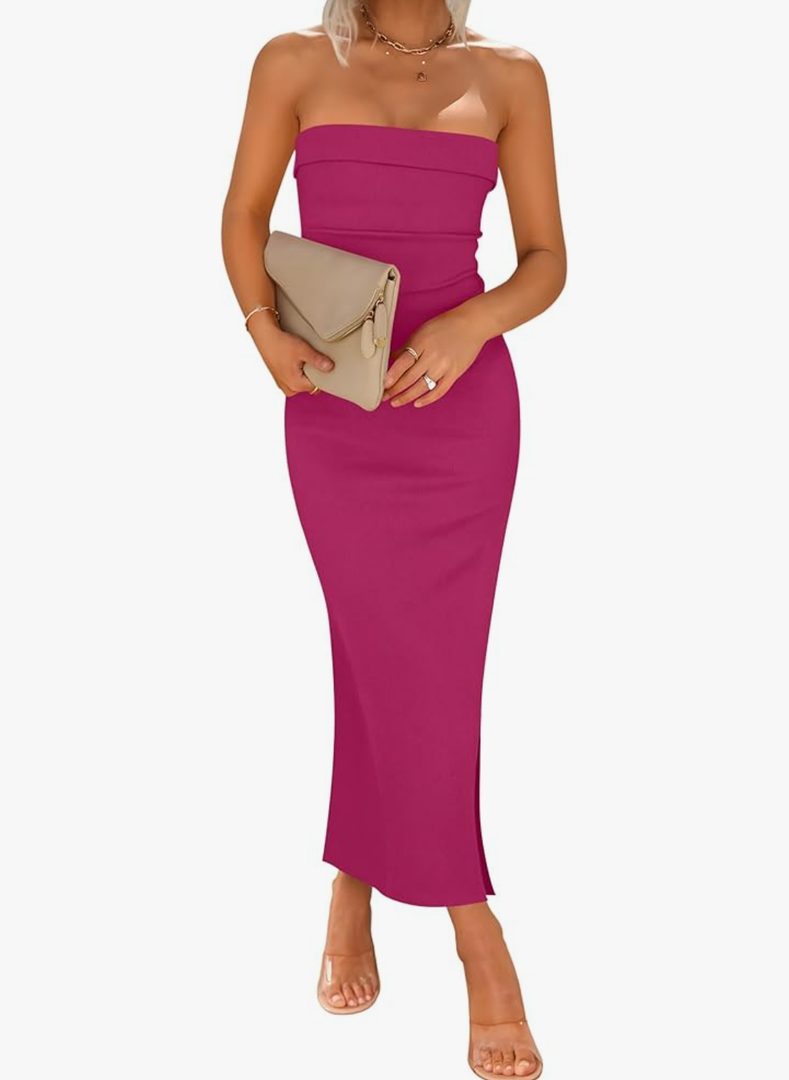 ZESICA Women's 2026 Summer Strapless Bodycon Midi Dress Off Shoulder Sleeveless Side Slit Tube Long Club Party Dresses, Size S