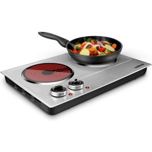 CUSIMAX 1800W Ceramic Electric Hot Plate for Cooking, Dual Control Infrared Cooktop, Double Burner, Portable Countertop Burner, Glass Plate Electric Cooktop, Silver, Stainless Steel-Upgraded Version (Silver Double Burner)
