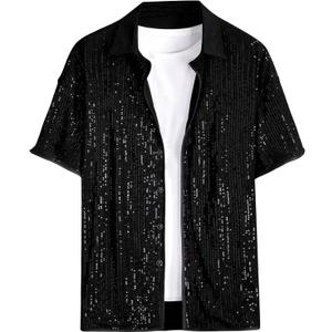 OYOANGLE Men's Sequin Shiny Button Down Shirt Short Sleeve Collared Shirts Party Holiday Tops (Large, Black)