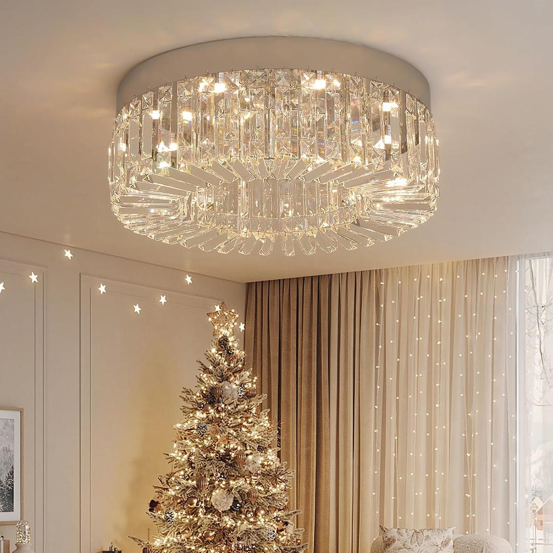 VETRULUS Crystal Chandeliers for Living Room 20Inch Flush Mount Crystal Ceiling Light Fixtures Modern LED Chandelier for Dining Room Kitchen Foyer Chrome Silver