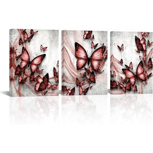 Visual Art Decor Butterly Wall Art Butterly Pictures Woman Teen Girl Room Decor, Farmhouse Kitchen Bathroom Bedroom Living Room Wall Decor, 12x16inchx3 Pieces, Framed Canvas Prints (Pink)