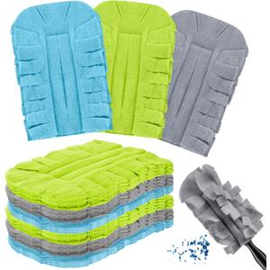 Zubebe 12 Pcs Duster Refill Reusable Fleece Duster Refills Feather Flat Dusters Multi Surface Washable Cleaning Pads Tools for Home, Blinds, Car, Pet, Furniture, Fans (Blue,Green,Grey)