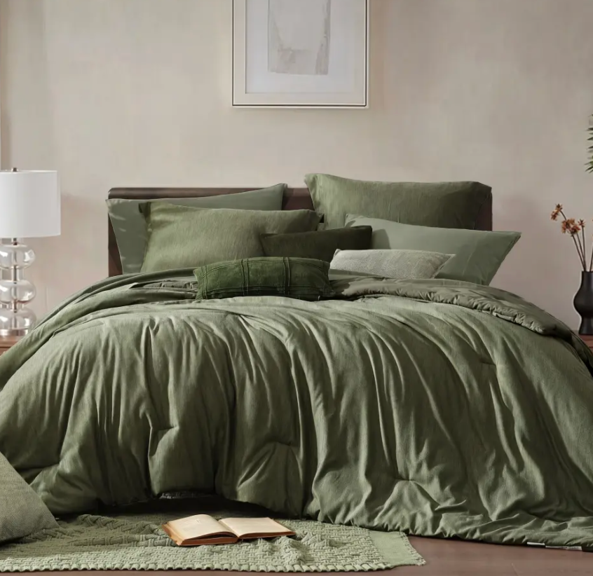 7pcs, Bedding Size: 102" x 90", Olive Green