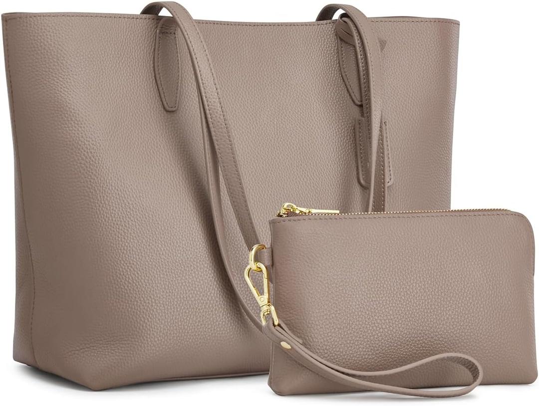 Kattee Leather Tote Bags for Women Shoulder Purses and Handbags Travel Work Bags with Wristlet Wallet 2-in-1 (Khaki)