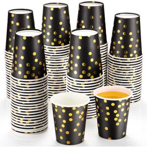 Sieral 100 Pcs Black Gold Foil Disposable Paper Cups Back to School Polka Dot Shot 9 oz Coffee Drinkware Bulk for Wedding Dinner Party Supplies(Black and Gold)