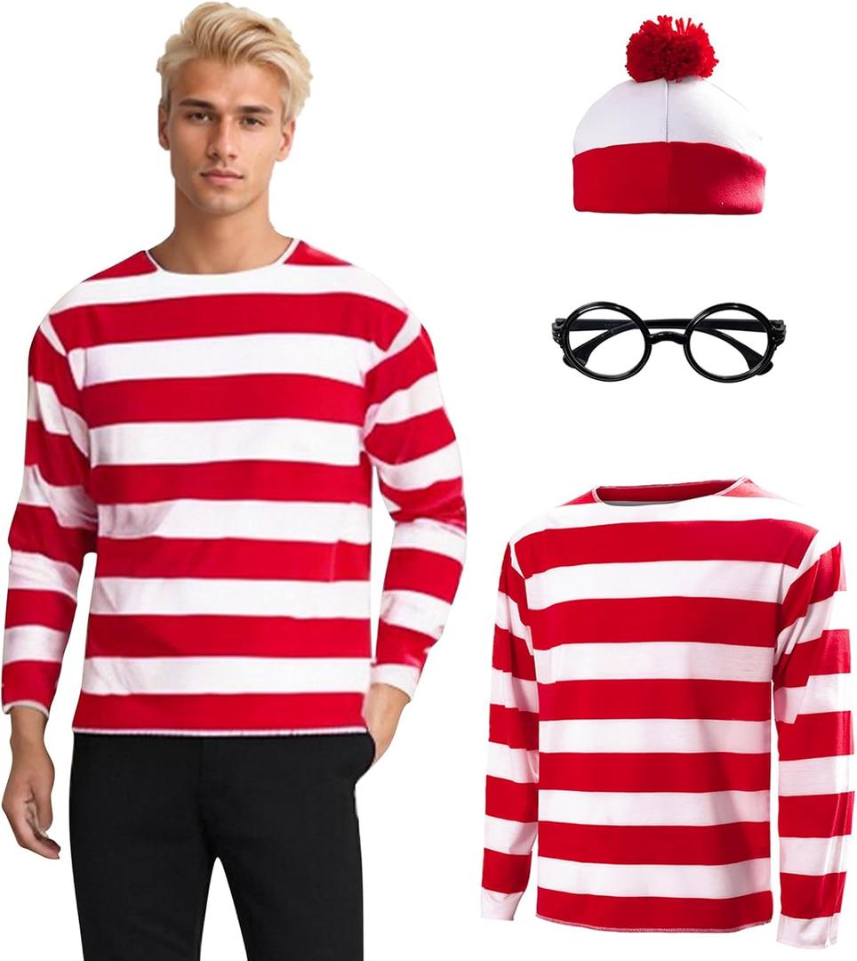 Deboyar Adults Red and White Striped Shirt Halloween Costume Shirt Glasses and Hat Suit (Large)