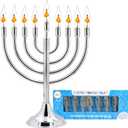 Large 13 Inch Electric Stainless Steel Hanukkah Menorah, Highly Polished Chrome Plated Electric Menorah with 10 Flickering Chanukah Bulbs