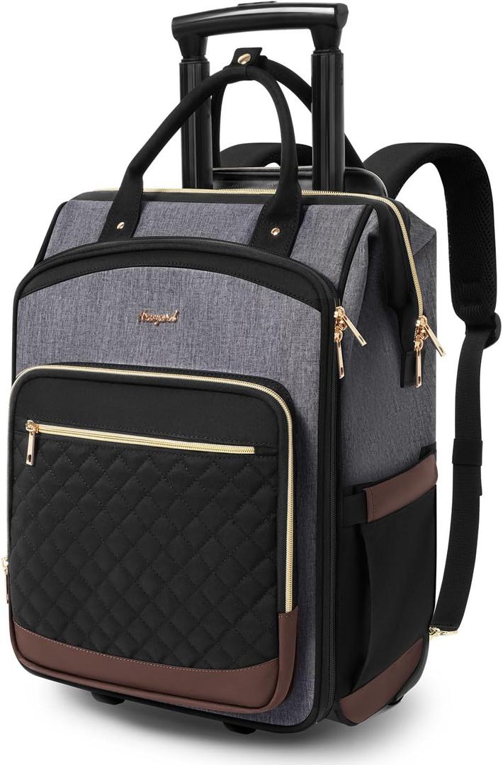 Rolling Backpack for Women, Travel Backpack with Wheels, Dual-Opening Wheeled Laptop Backpack, Stylish Rolling Laptop Bag, Overnight Underseat Carry on Luggage for College Business Work, Grey Brown