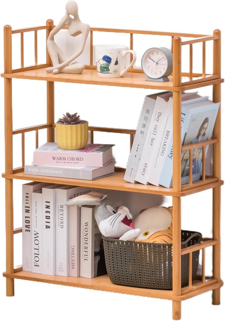 GOGOGO Expandable Bamboo Bookshelf - No Assembly & Modular, Bamboo 3-Tier Shelf & Ladder Shelf, Eco-Friendly Small Bookcase for Home Office- Useful Home & Housewarming Gift(1, Square-3Tiers)
