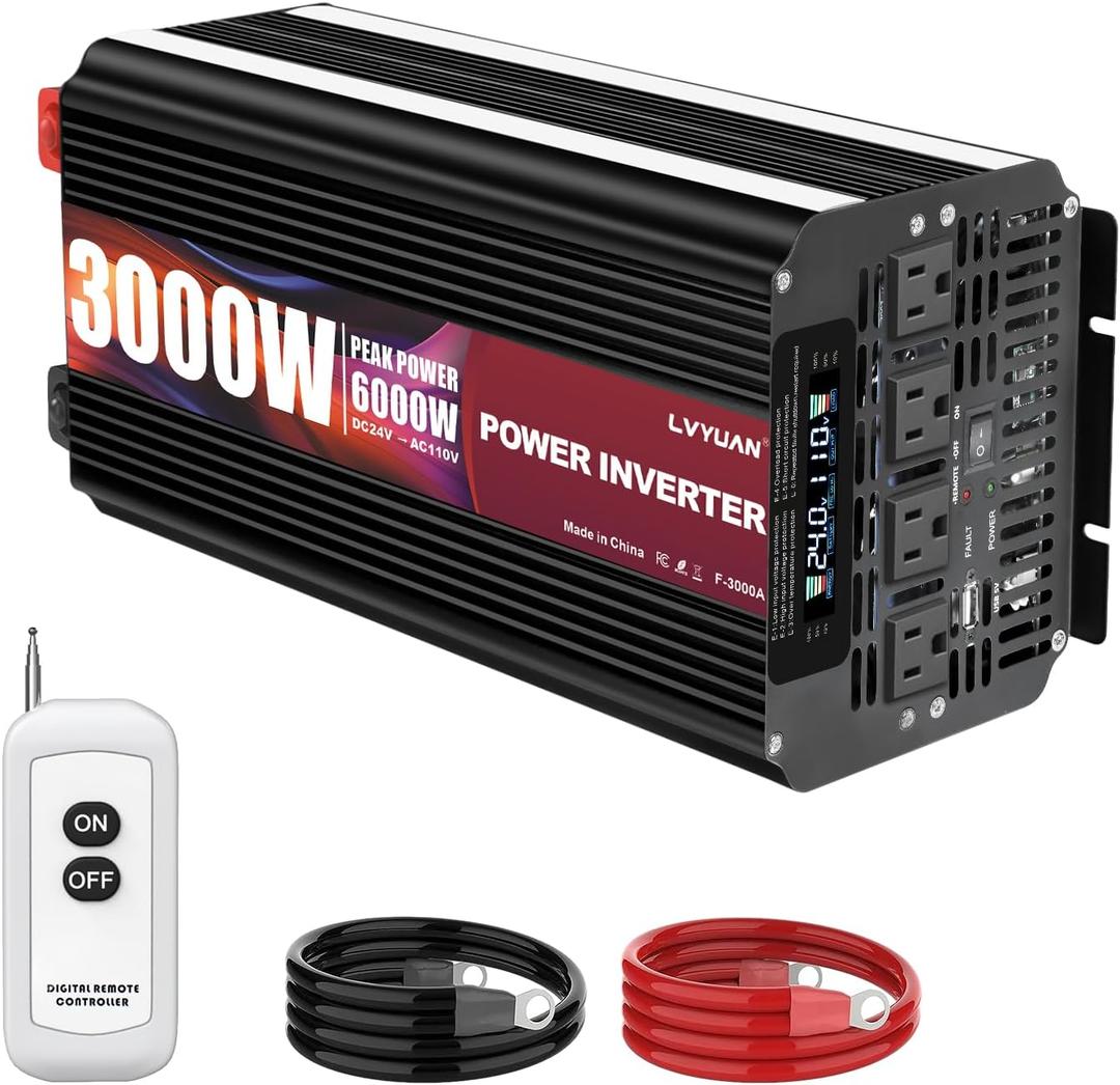 LVYUAN 3000 Watt Power Inverter 24V to 110V 120V for Vehicle, Solar Inverter System, Heavy Duty, RV, Truck, Off Grid,Camping with 4 AC Outlets, LCD Display, Wireless Remote Control, Car Power Inverter