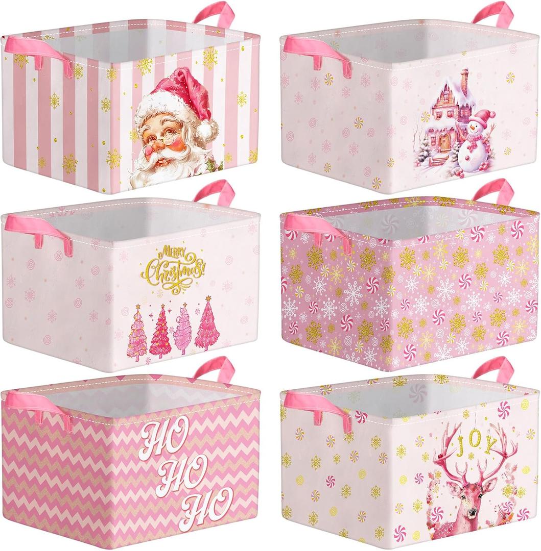 Roshtia 6 Pcs Pink Christmas Basket for Gifts Empty Collapsible Christmas Storage Bin Vintage Santa Snowflake Elk Xmas Tree Basket Cloth Toy Storage Bin with Handles Cube Rectangle Box for Room Decor