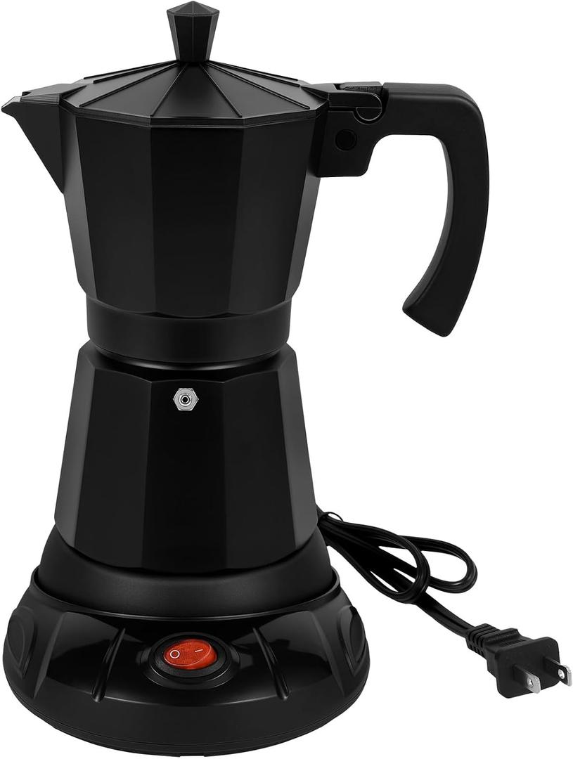 Black Aluminum Electric Moka Pot, 6 Cups Espresso Maker with Dose Reduction Plate, Black, 6 cups, Aluminum Electric Moka Pot
