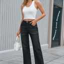PEIHOT Wide Leg High Waisted Jeans for Women Trendy Stretchy Cropped Straight Leg Flare Jeans Frayed Hem Baggy Denim Pants (Black)