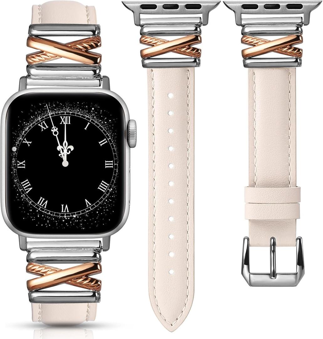 Minyee Leather Band Compatible with Apple Watch 42/41/40/38/44/45/46/49mm Women,Dressy Slim Premium Leather Strap with Designer X-Shape Metal Buckle for iWatch Series 11 10 9 8 7 6 5 4 SE/Ultra 3 2 1 (Starlight/Rose Gold&Silver) Minyee Leather Band Compatible with Apple Watch 42/41/40/38/44/45/46/49mm Women,Dressy Slim Premium Leather Strap with Designer X-Shape Metal Buckle for iWatch Series 11 10 9 8 7 6 5 4 SE/Ultra 3 2 1 (Starlight/Rose Gold&Silver)