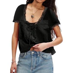 Naileksi Women Boho Button Down Lace Trim Crop Tee Top Short Sleeve Scoop Neck Ruffle Semi Sheer Flowy Tie Front T Shirt. Small