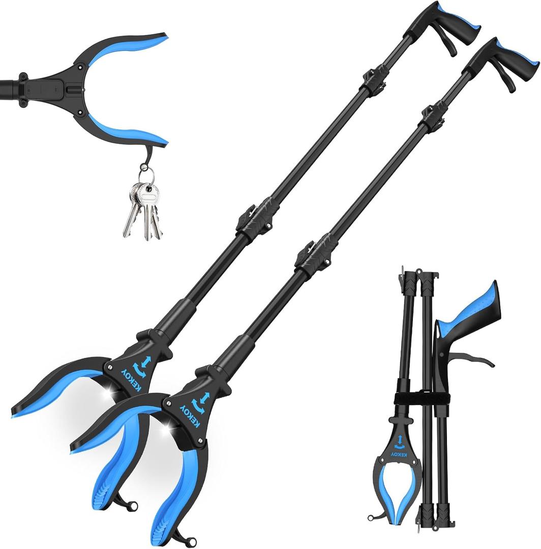 Kekoy 2-Pack Reacher Grabber Tool, 32" Grabbers for Elderly, Trash Picker Grabber with Light, Extended Claw Reacher Tool, Foldable Pick Up Grab Tool, Magnetic Sticks Grippers for Reaching (Blue)