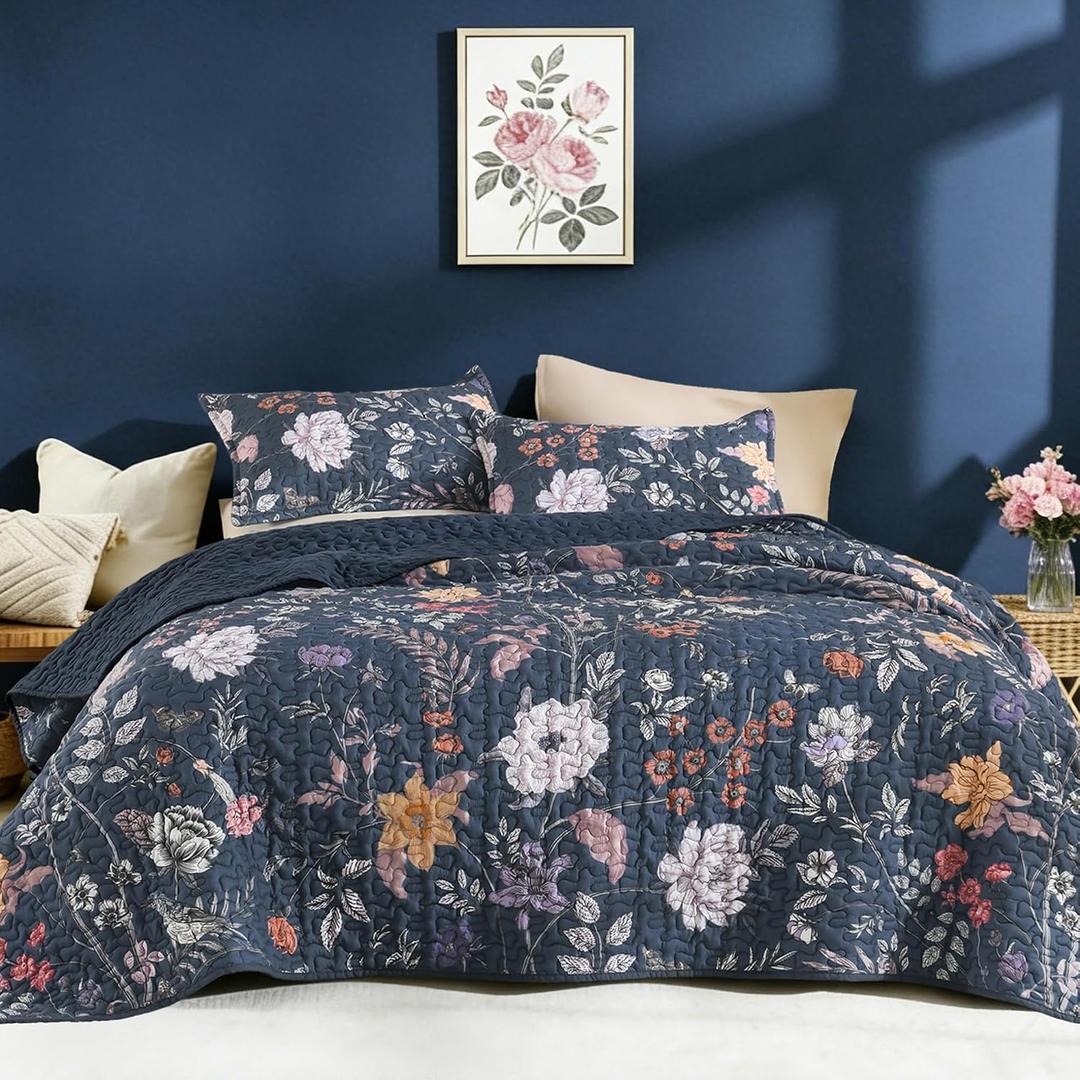 Litanika Floral Navy Blue Quilt Super King Plus Size - 3 Pieces Botanical Birds Pattern Quilt Bedding, Oversized Lightweight Soft Coverlet for All Seasons (128"x120")