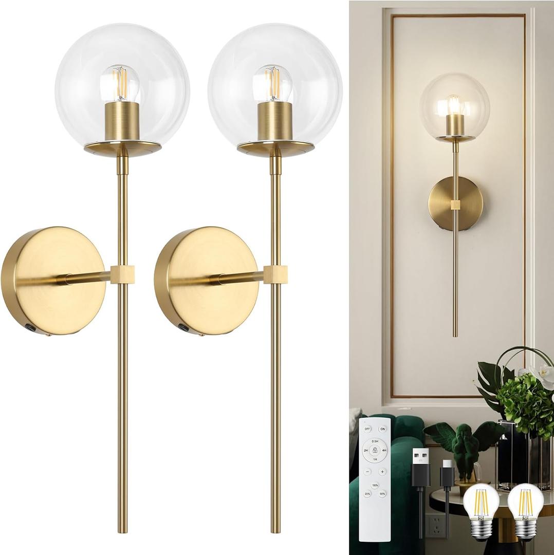 Battery Operated wall Sconce Set of 2 Glass Globe 3000~6000K Rechargeable Wall Light Fixture Wireless Wall Lights with Clear Glass Shade for Living Room, Hallway, Bedroom(2 Pack)