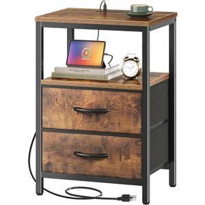 Huuger Nightstand with Charging Station, Fabric Drawers, End Table with Open Shelf, Bedside Table with USB Ports and Outlets, Night Stand for Bedroom, Rustic Brown, 11.8"D x 15.7"W x 23.6"H (2 Drawers)