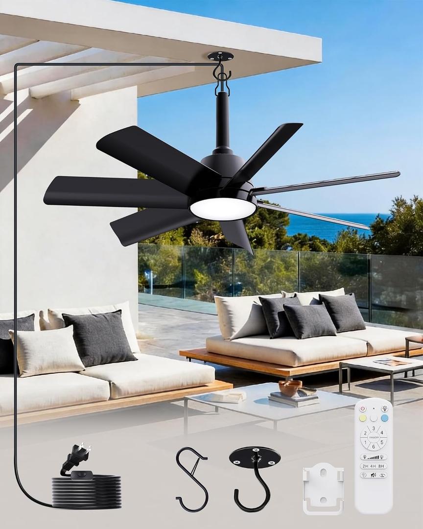 LANMEL 28 Inch Plug-In Outdoor Ceiling Fan with Light and Remote, Waterproof Hanging Fan Light with Hook, 6 Speed, Reversible, 3000k-6000k LED, Portable Fan for Camping, Patios, Porch, RV (Black)
