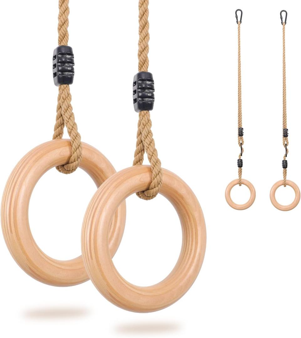 YAERSI Wooden Gymnastics Rings,Pull up Rings with Adjustable Buckle, Wooden Swing Rings for Kid's Home Exercise